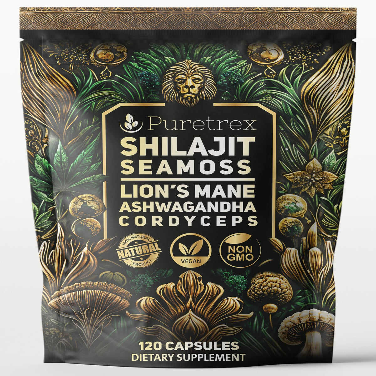 Puretrex Shilajit-Seamoss capsules bottle showing vegan energy support.