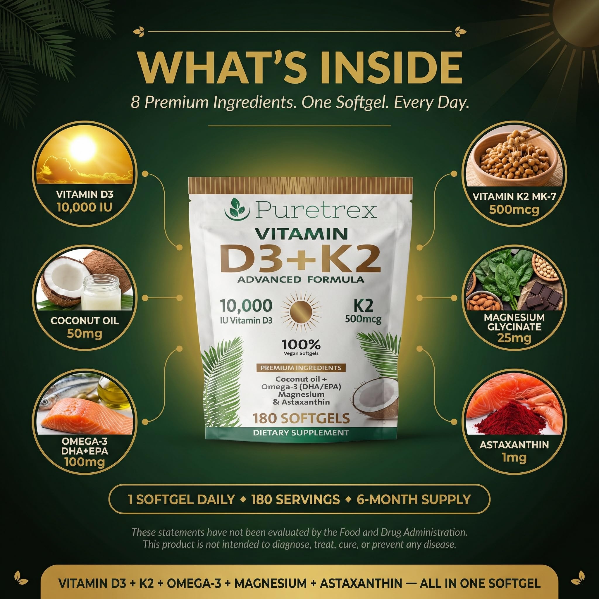 Puretrex softgels closeup highlighting vegan formula and coconut oil