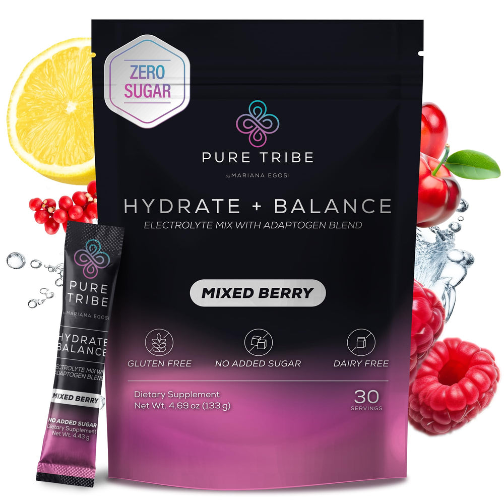 PURE TRIBE instant hydration packet in mixed berry, ready to mix for refreshing minerals