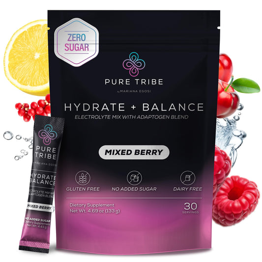 PURE TRIBE instant hydration packet in mixed berry, ready to mix for refreshing minerals