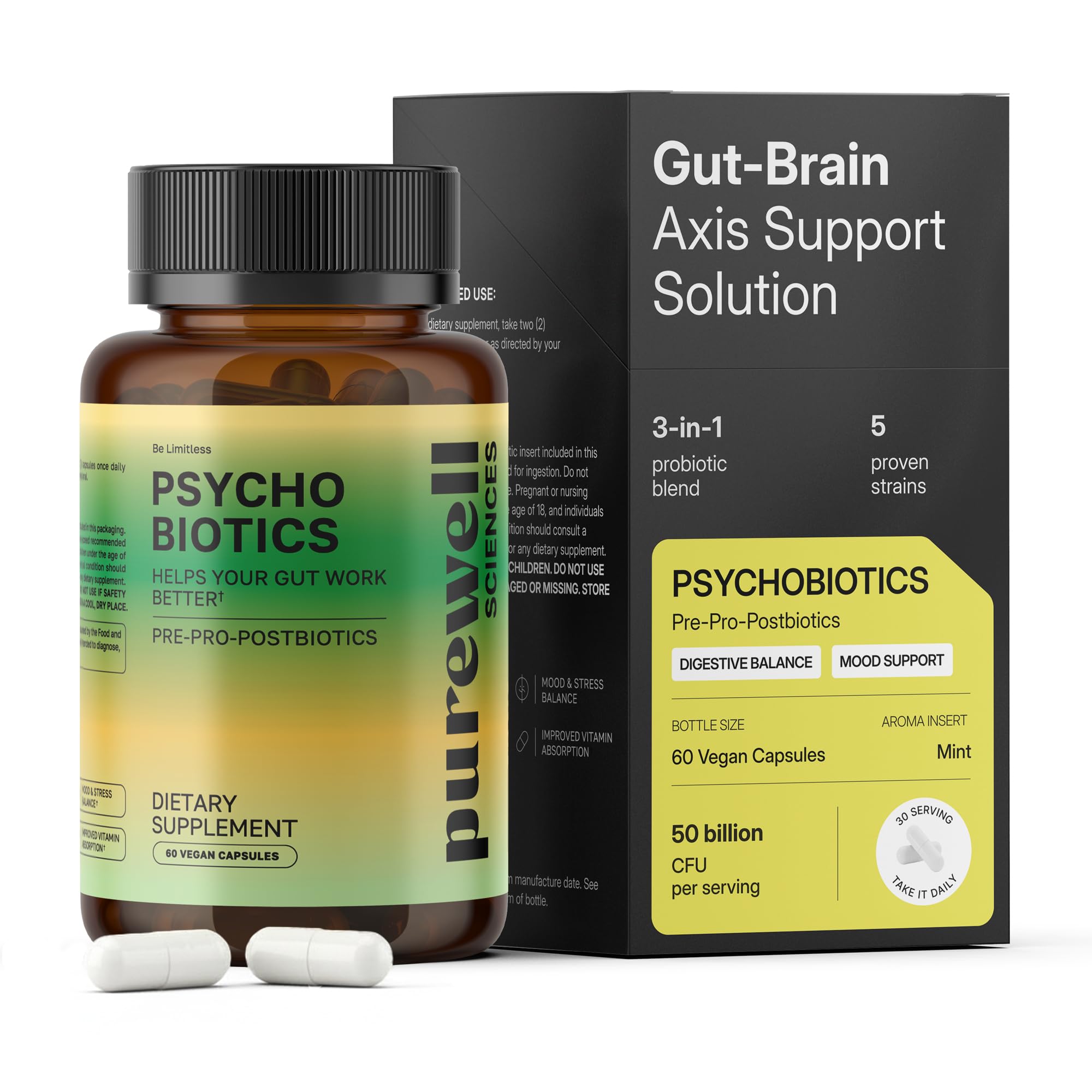 Purewell Sciences Psychobiotics bottle front for daily gut support