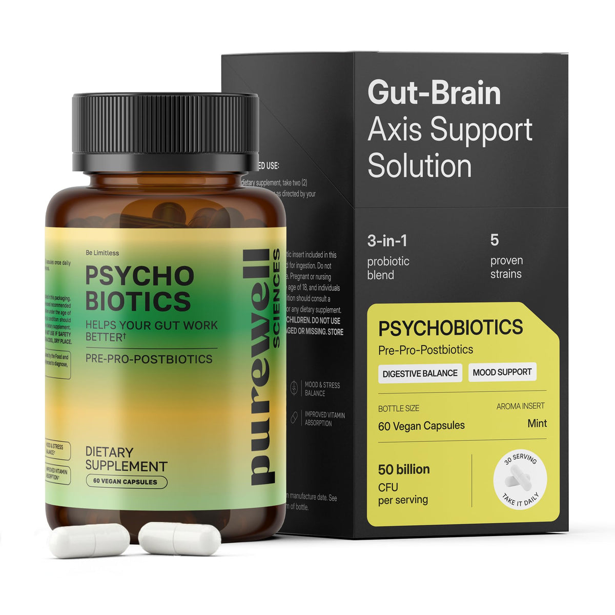 Purewell Sciences Psychobiotics bottle front for daily gut support