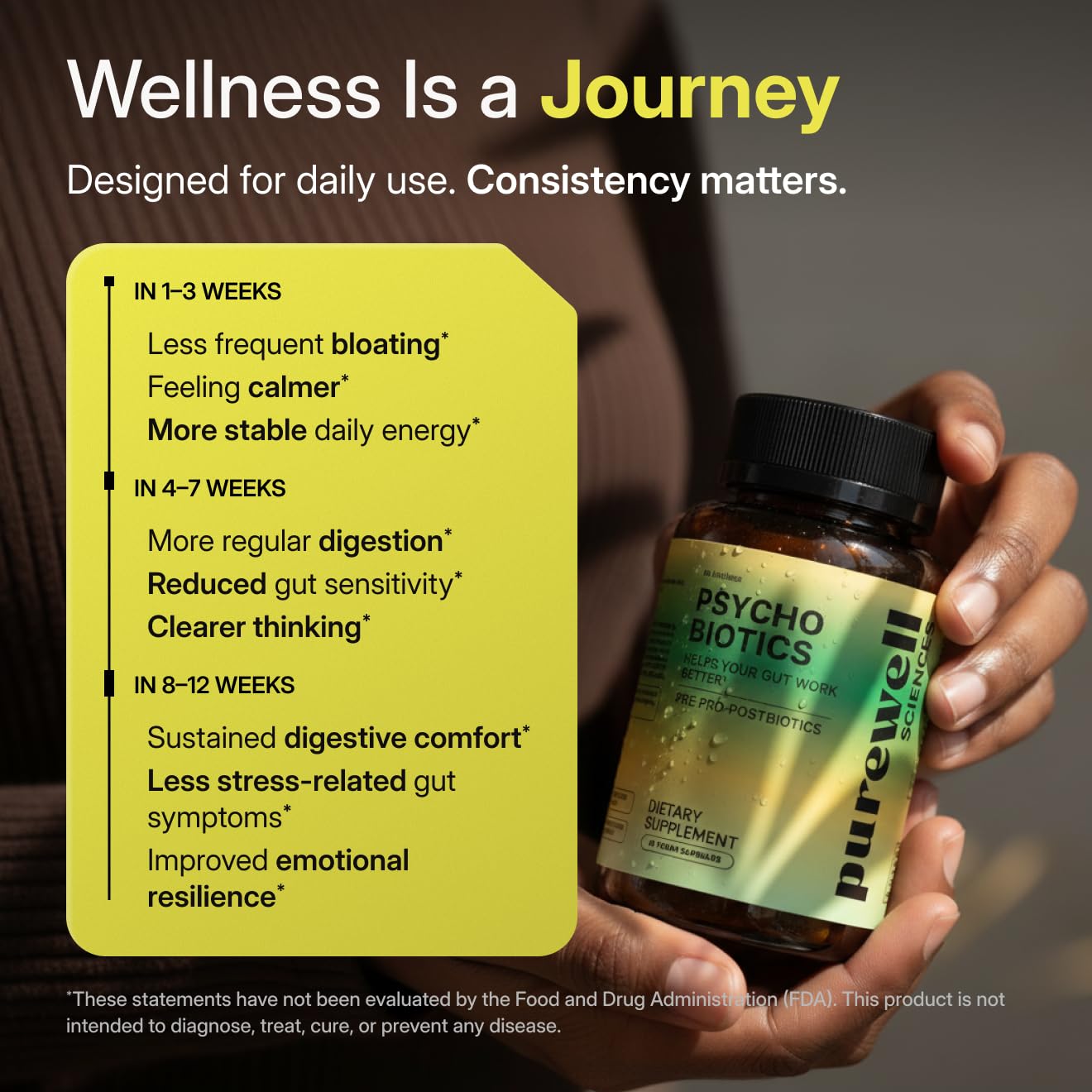 Purewell Sciences Psychobiotics capsules spilled slightly to imply easy daily dosing