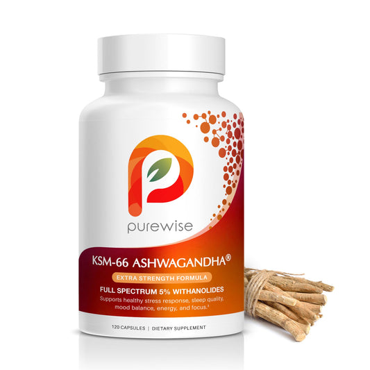 PureWise KSM-66 Ashwagandha bottle for daily stress support and calm focus.