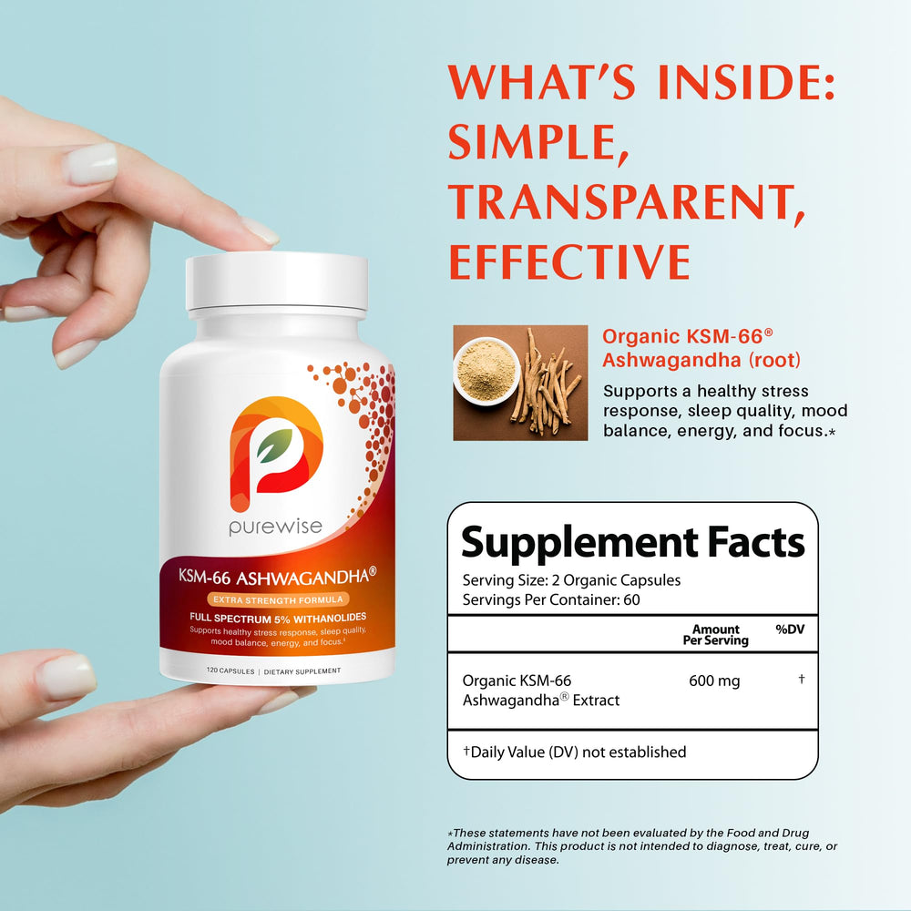 PureWise KSM66 root extract packaging highlighting organic full-spectrum content.