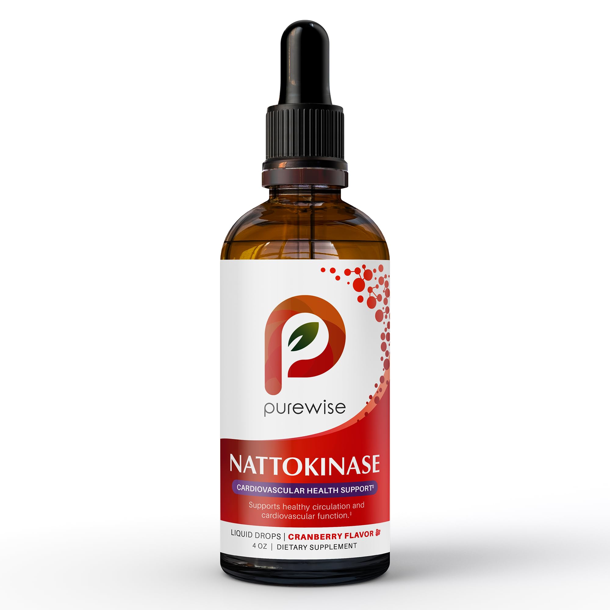 PureWise nattokinase liquid bottle with cranberry flavor for convenient daily dosing.