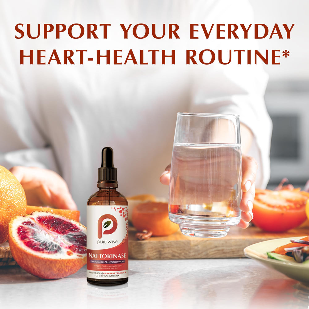 Small glass with PureWise nattokinase drops ready for quick ingestion.