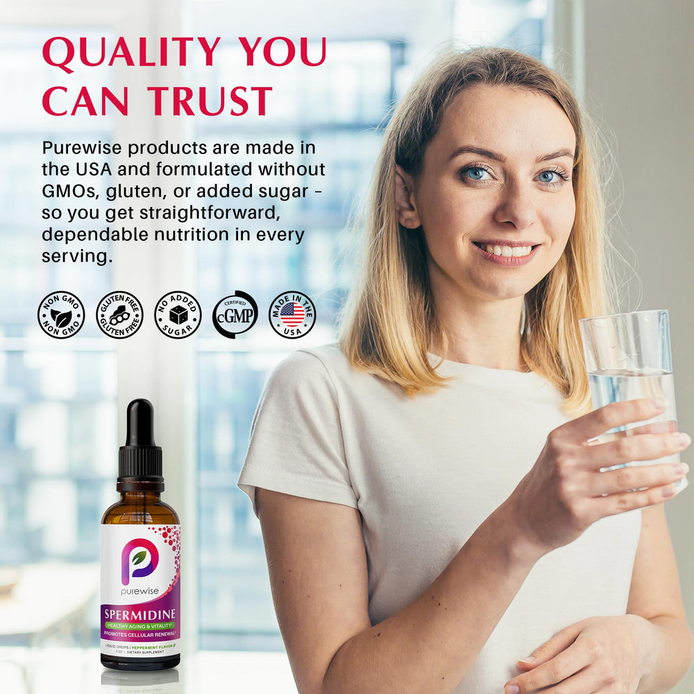 PureWise Spermidine Drops label communicates quality and third-party testing.
