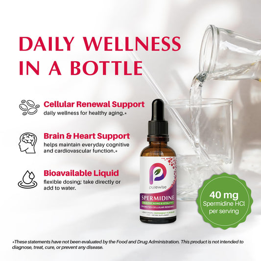PureWise Spermidine Drops pour scene highlighting easy dosing and peppermint flavor.