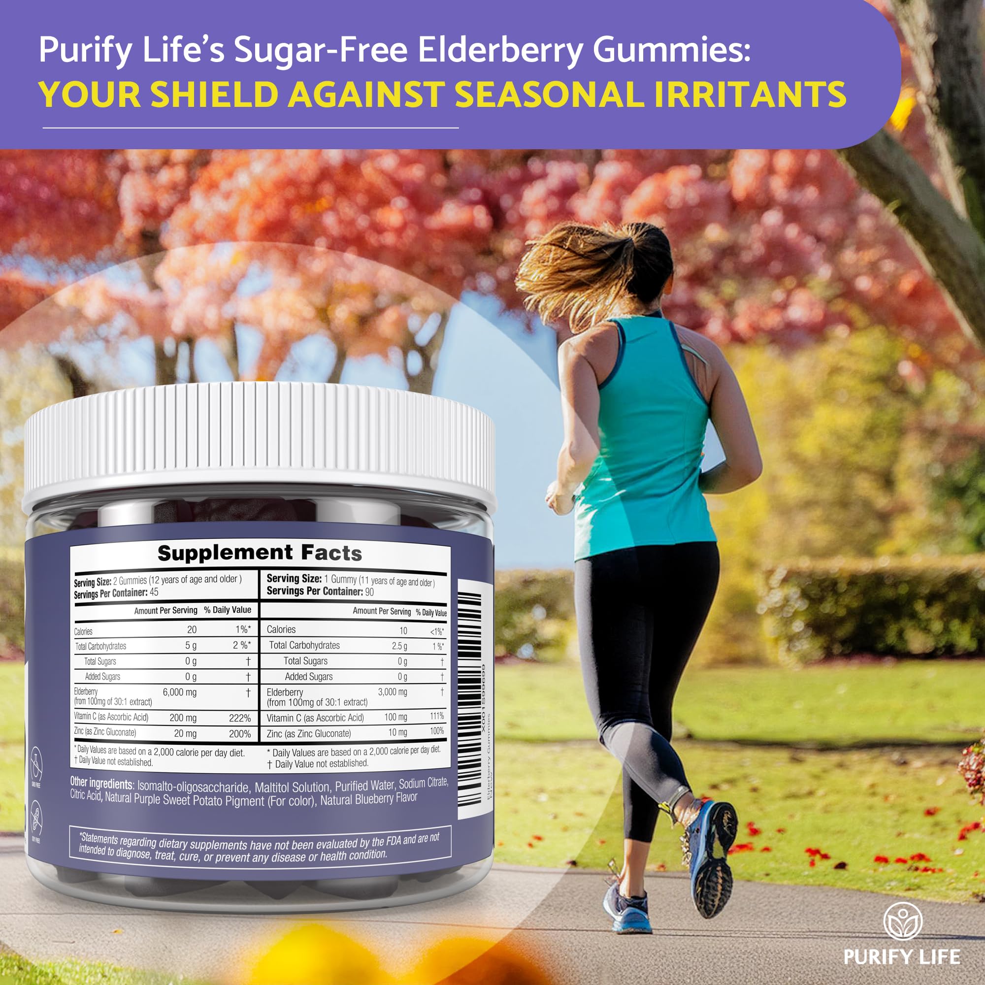 Purify Life natural blueberry flavor gummies, vibrant color with no sugar added.