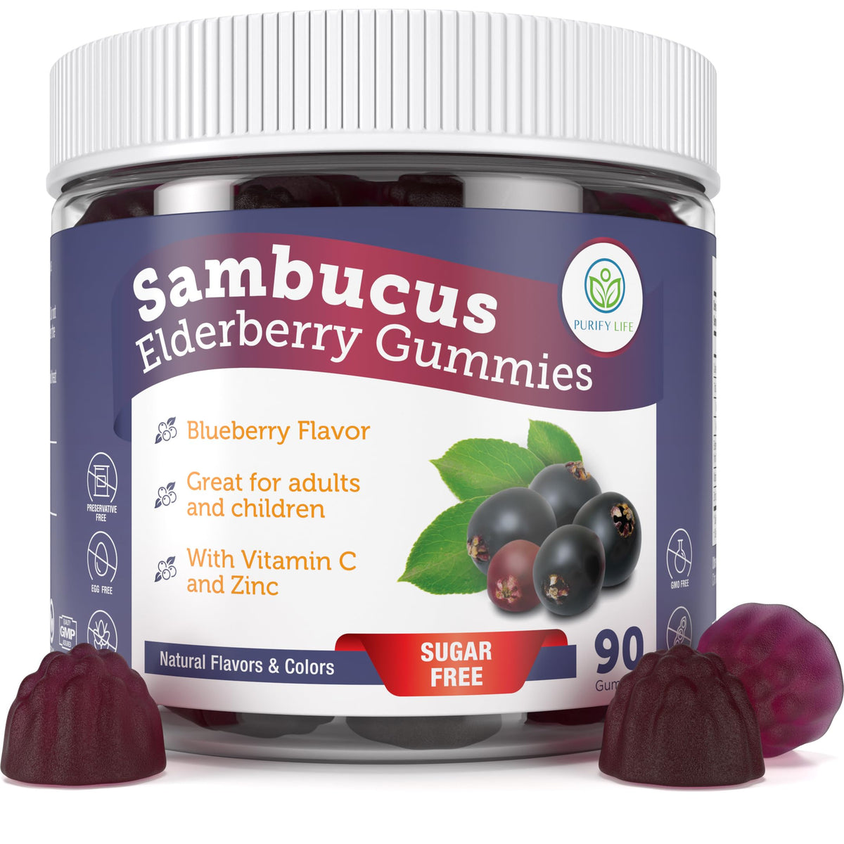 Purify Life Sugar-Free Elderberry Gummies bottle showcases clean formula and blueberry flavor for immune support.
