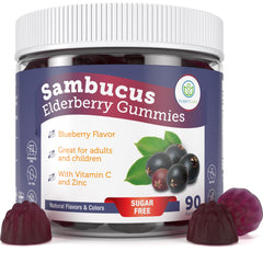 Purify Life Sugar-Free Elderberry Gummies bottle showcases clean formula and blueberry flavor for immune support.