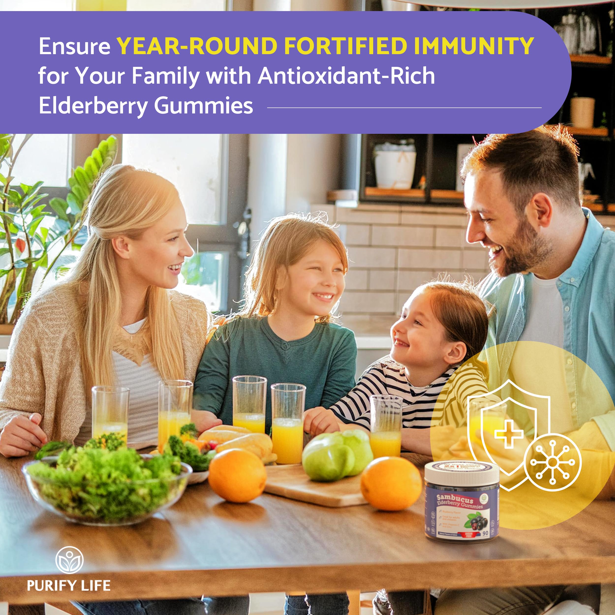 Purify Life elderberry gummies designed for kids and adults, family-friendly packaging.