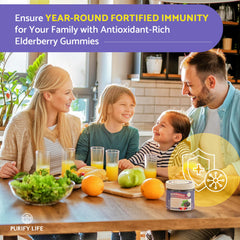 Purify Life elderberry gummies designed for kids and adults, family-friendly packaging.