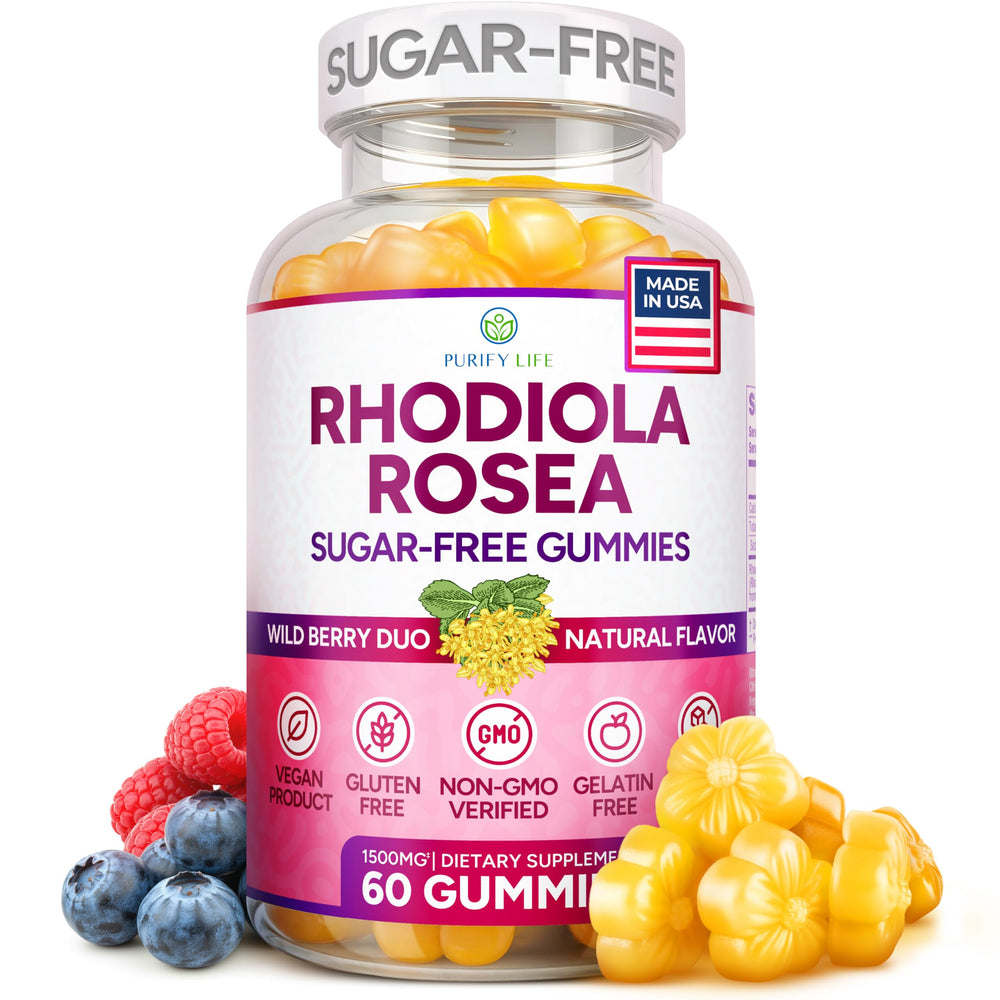 Purify Life Rhodiola bottle serving details with 1500mg per serving.