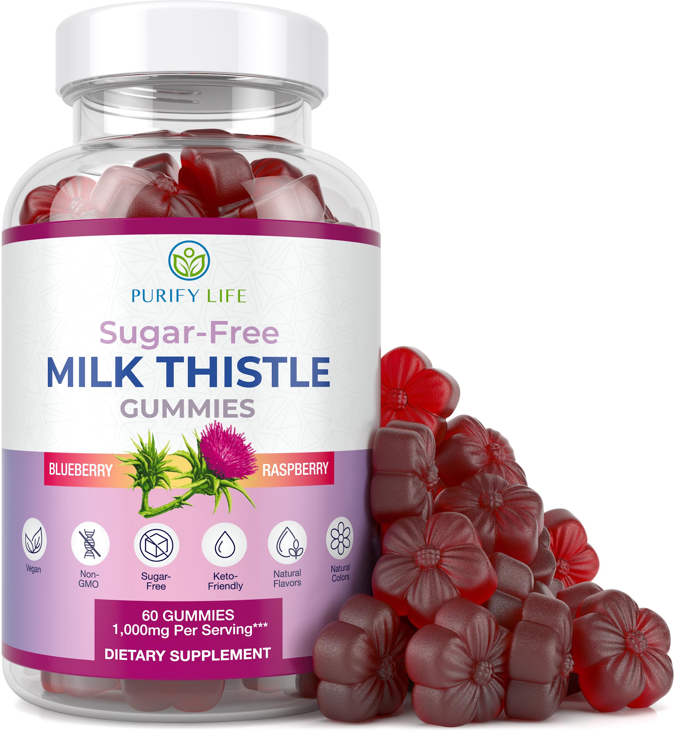 Purify Life sugar-free milk thistle gummies bottle front supports liver health