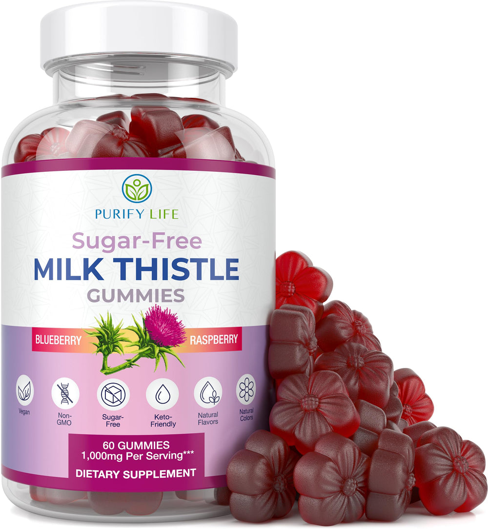Purify Life sugar-free milk thistle gummies bottle front supports liver health