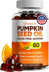 Purify Life gummies bottle highlights sugar-free pumpkin seed oil for hair and skin