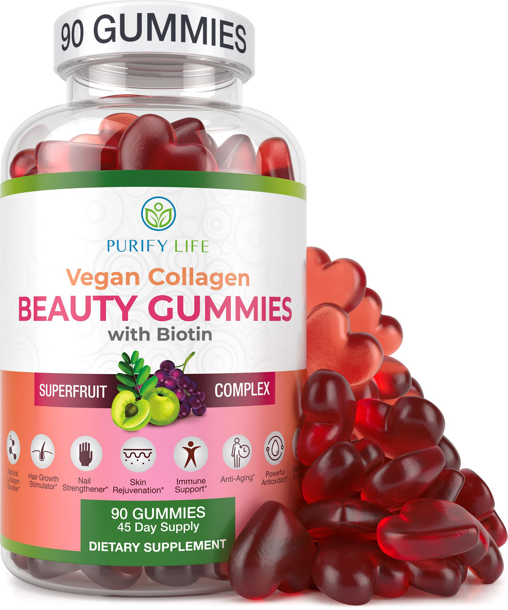 Purify Life vegan collagen gummies bottle highlights a 90-count pack for daily use.