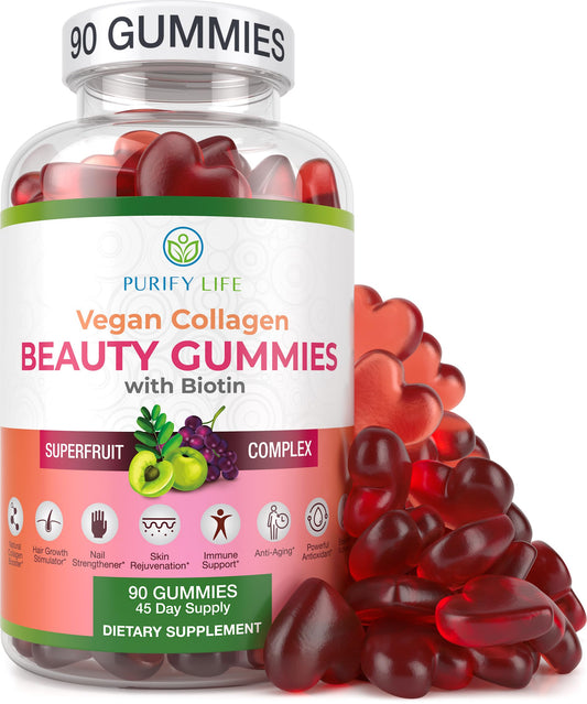 Purify Life vegan collagen gummies bottle highlights a 90-count pack for daily use.