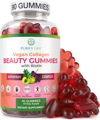 Purify Life vegan collagen gummies bottle highlights a 90-count pack for daily use.