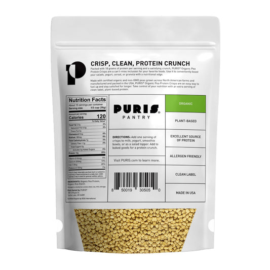 PURIS Organic Pea Protein Crisps closeup-crisp — crisp texture and unflavored profile.