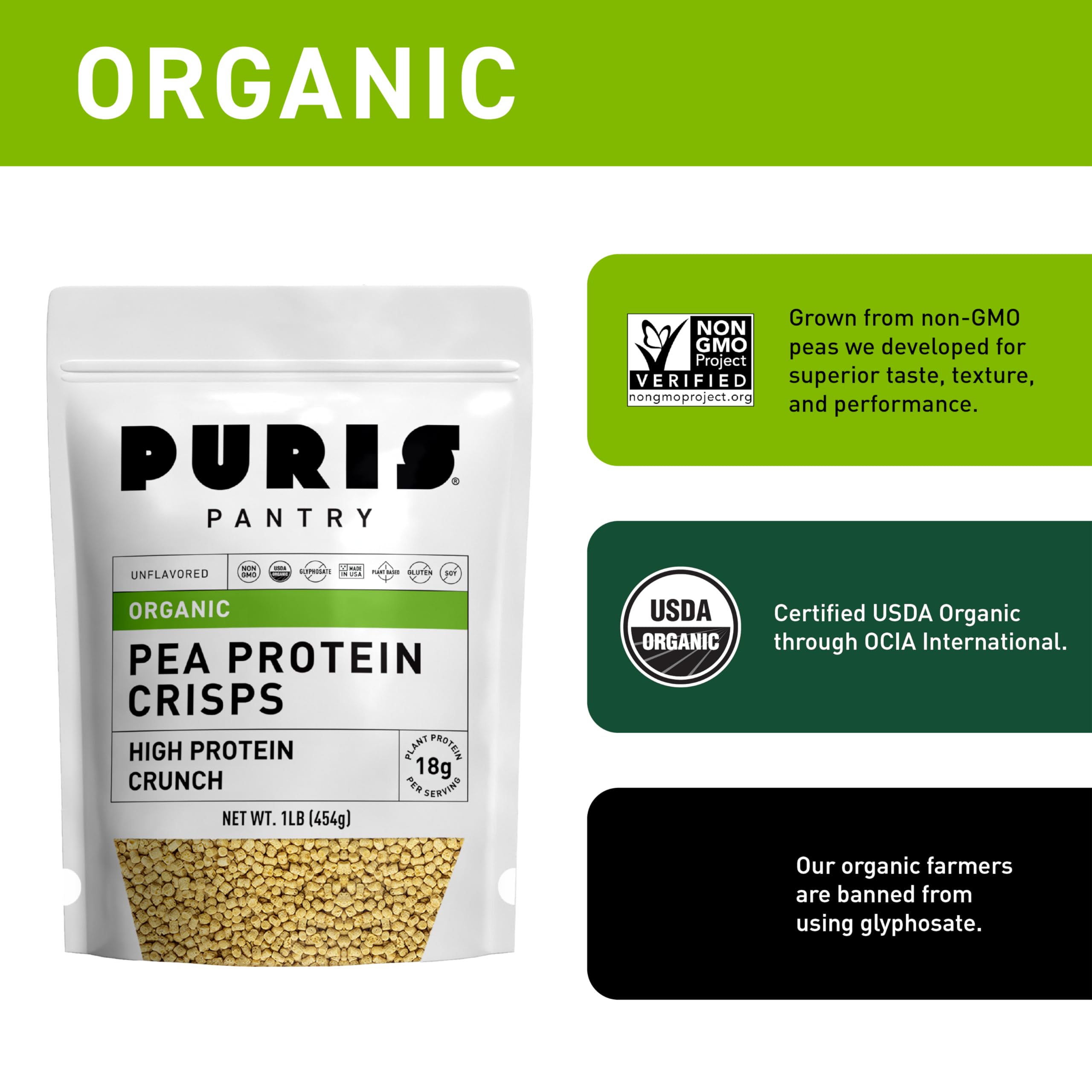 PURIS Organic Pea Protein Crisps kitchen scene — ready-to-eat on the go.