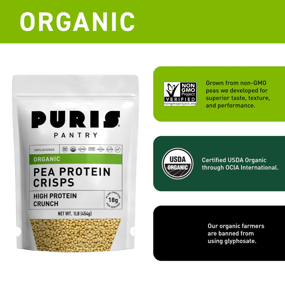 PURIS Organic Pea Protein Crisps kitchen scene — ready-to-eat on the go.