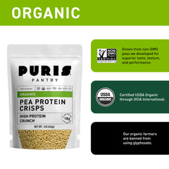 PURIS Organic Pea Protein Crisps kitchen scene — ready-to-eat on the go.