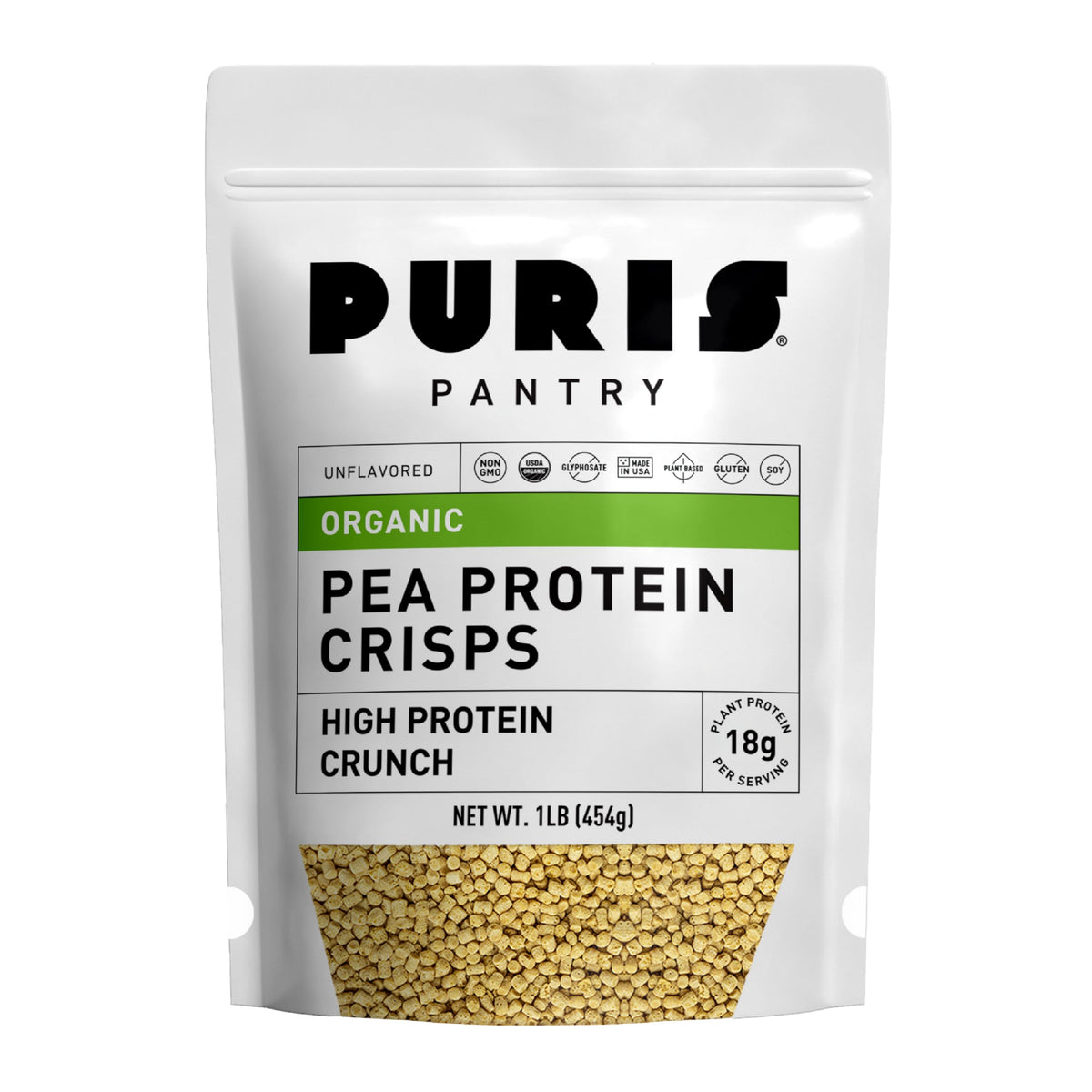 PURIS Organic Pea Protein Crisps packshot — high-protein snack option.