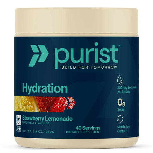 Purist electrolyte powder bottle front highlights clean hydration for active lifestyles.