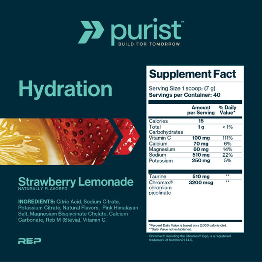 Purist electrolyte powder tub label closeup reveals NSF certification and sugar-free formulation.