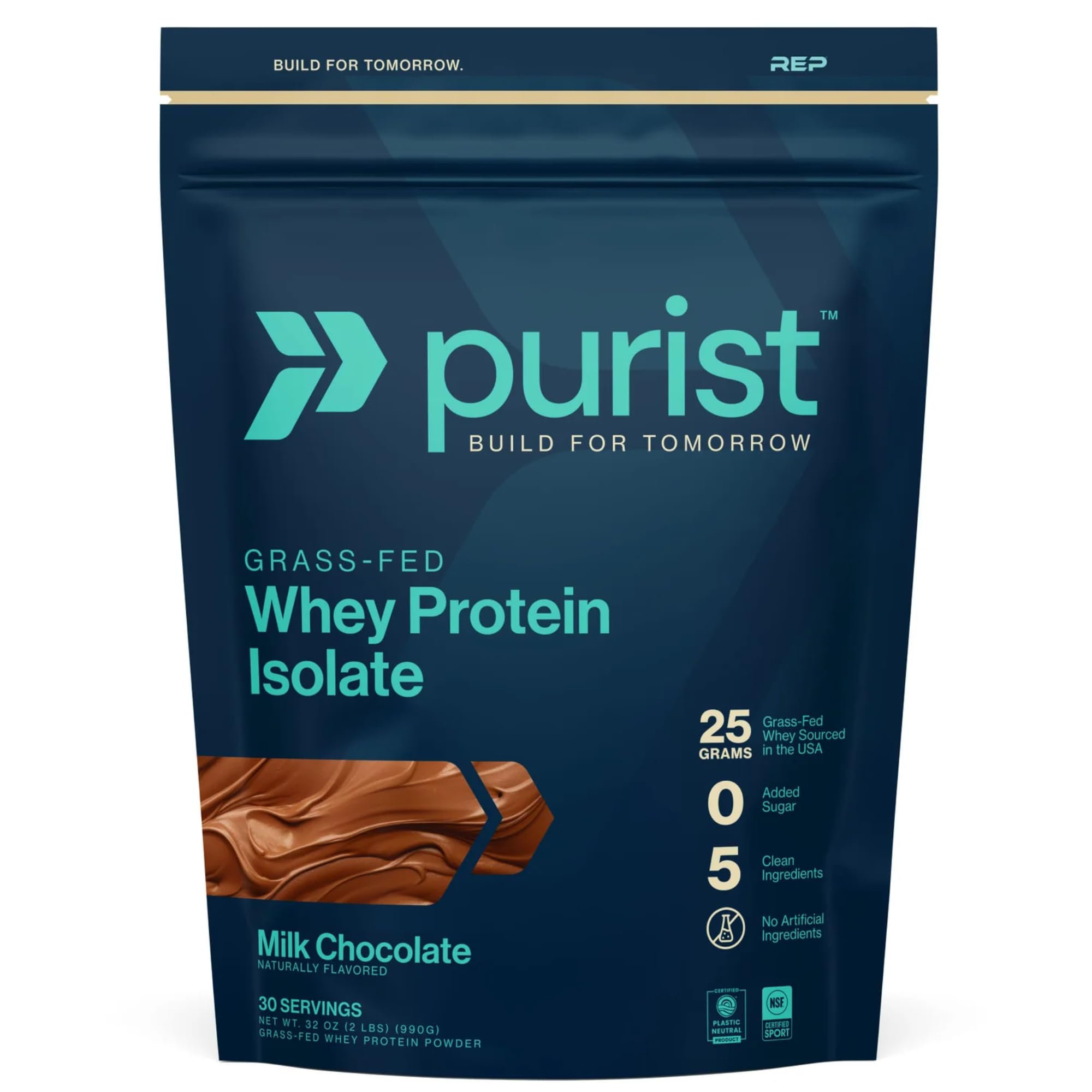 Purist REP whey bottle pour shows convenient post-workout protein support.