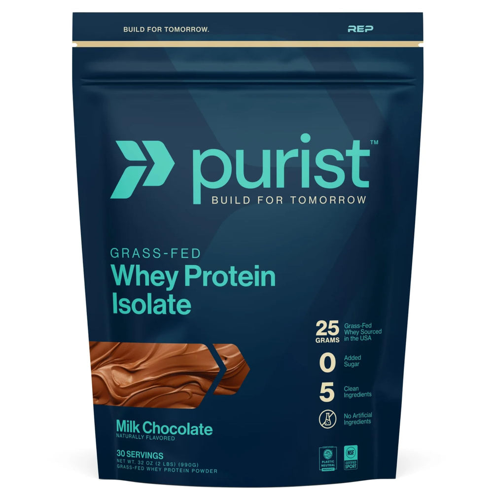 Purist REP whey bottle pour shows convenient post-workout protein support.