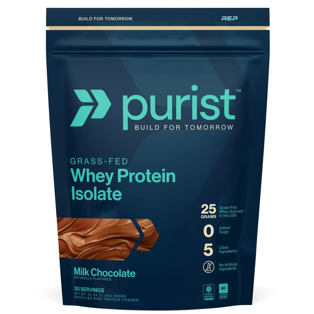 Purist REP whey bottle pour shows convenient post-workout protein support.