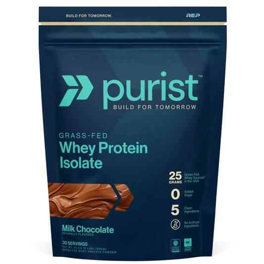 Purist REP whey bottle pour shows convenient post-workout protein support.