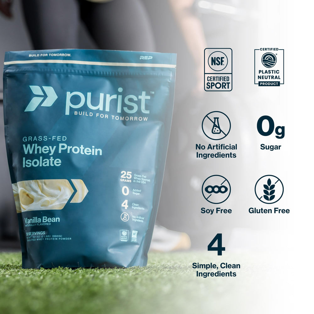 PURIST REP Chocolate label highlights grass-fed isolate with clean nutrition