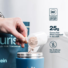 PURIST REP Chocolate scoop suggests a smooth shake after workouts