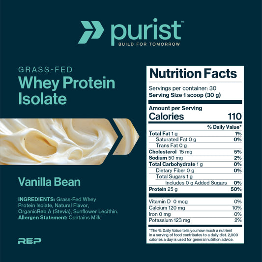 PURIST REP Vanilla label emphasizes grass-fed whey isolate for lean muscle support