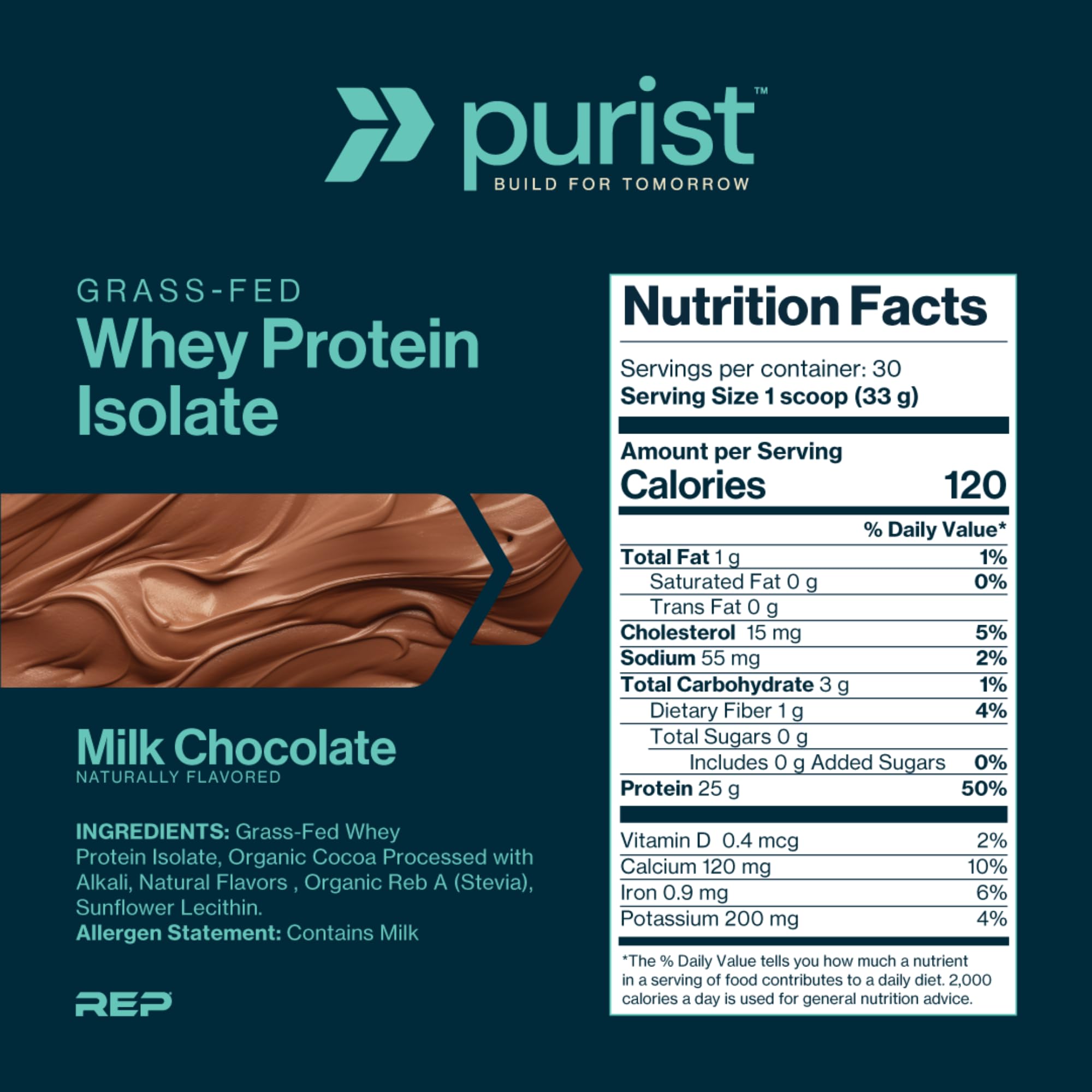 Purist REP whey scoop highlights easy mixing for quick breakfasts or shakes.