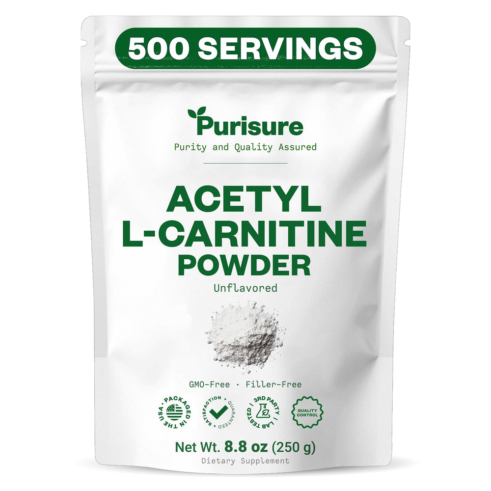 Purisure Acetyl L-Carnitine powder label showing gluten-free, non-GMO features