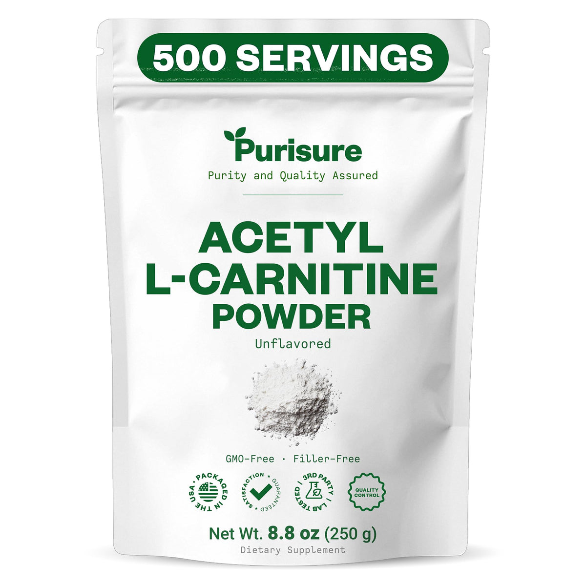 Purisure Acetyl L-Carnitine powder label showing gluten-free, non-GMO features