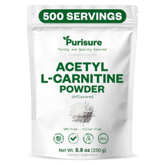 Purisure Acetyl L-Carnitine powder label showing gluten-free, non-GMO features