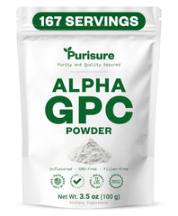 Purisure Alpha GPC powder bottle closeup for focus support.
