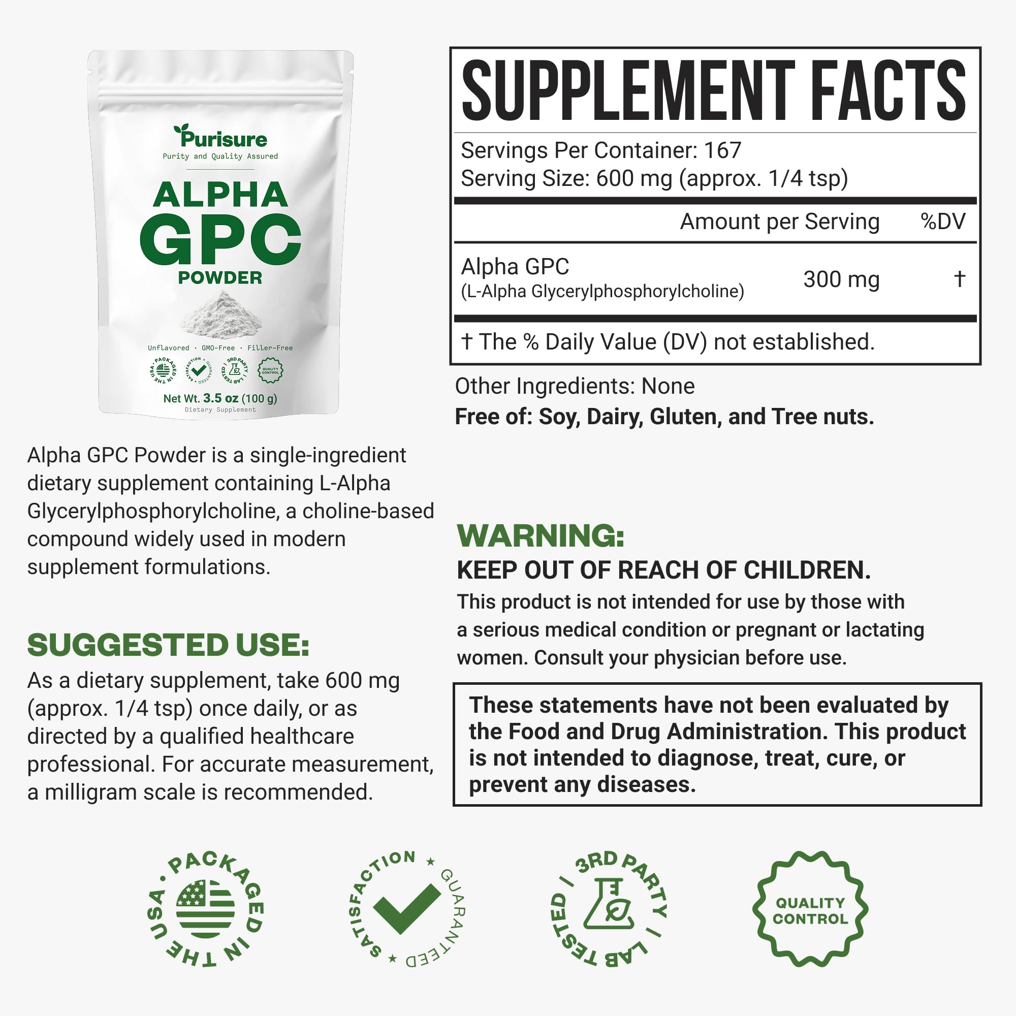 Purisure Alpha GPC jar label visible, indicating premium choline source.