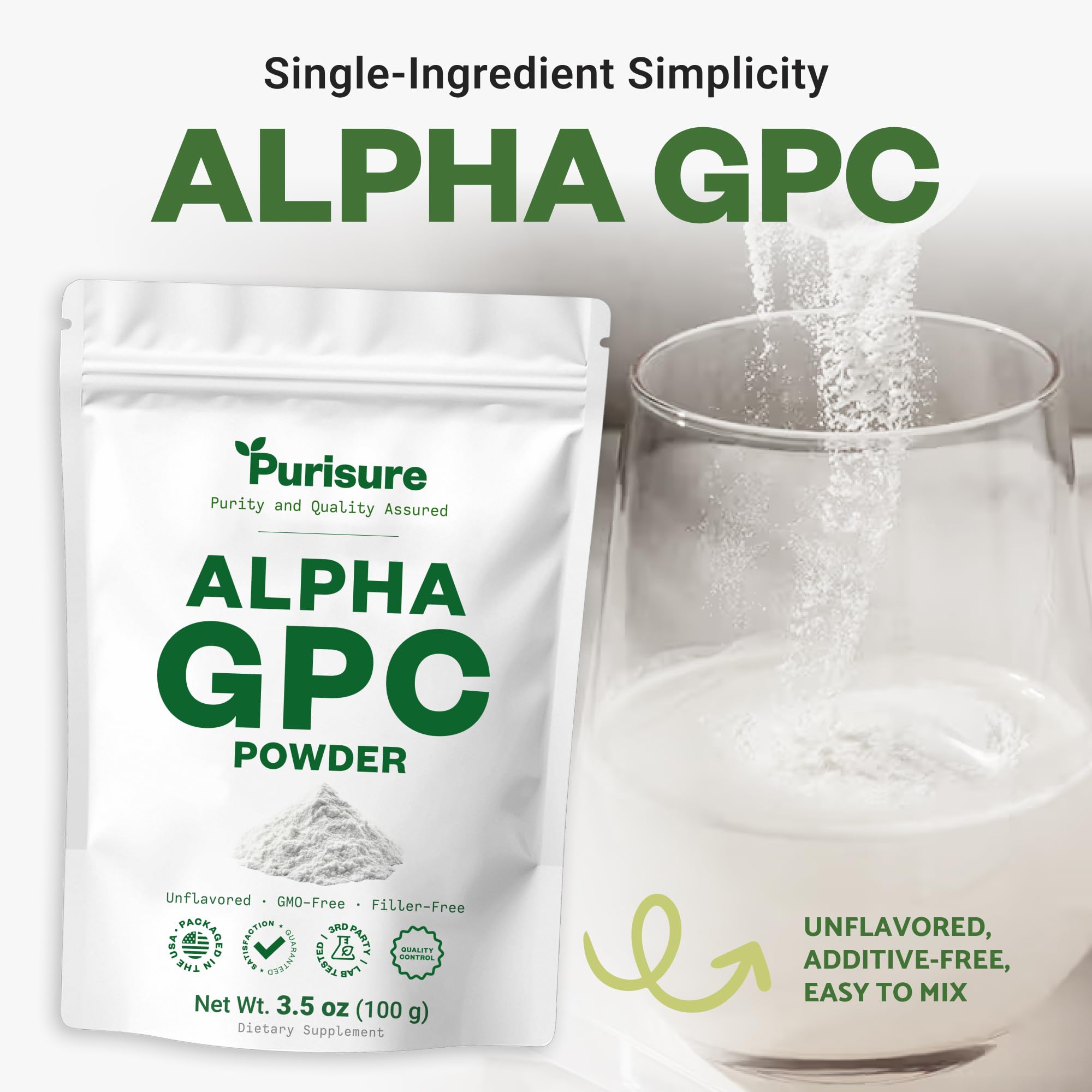 Purisure Alpha GPC powder measuring spoon beside jar.