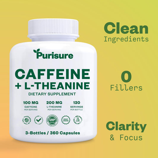 Purisure caffeine theanine capsules bottle closeup highlighting vegan formula