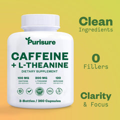 Purisure caffeine theanine capsules bottle closeup highlighting vegan formula