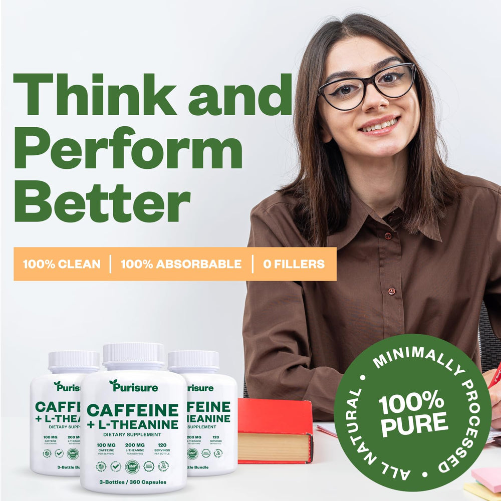 Purisure caffeine theanine capsules in hand for on the go focus