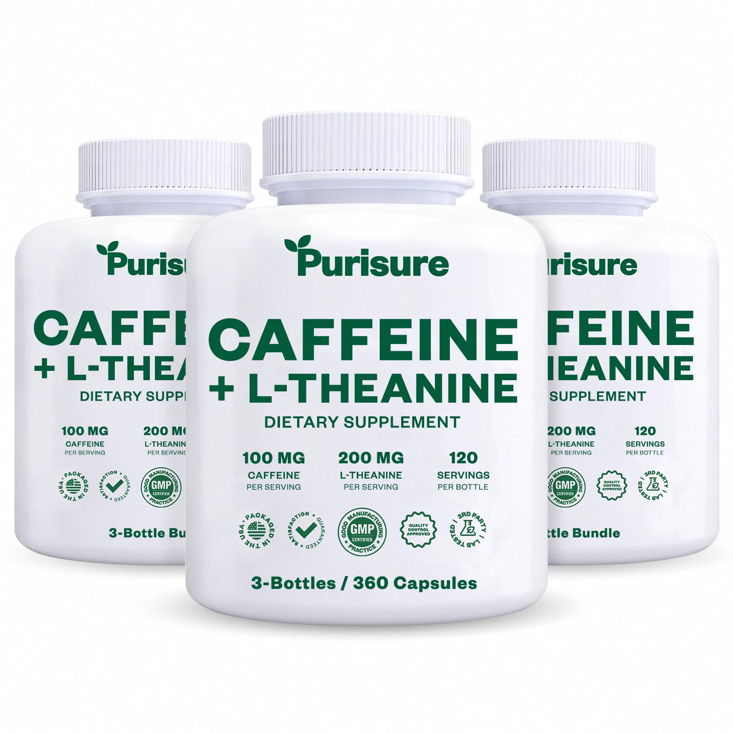 Purisure caffeine theanine capsules pack front showing brand and energy focus